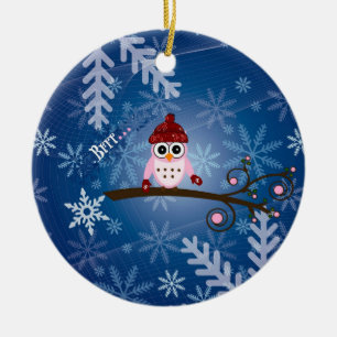 Brrr...Pink Owl, Snowflake Design Ceramic Tree Decoration