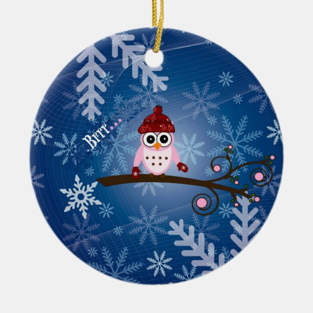 Brrr...Pink Owl, Snowflake Design Ceramic Tree Decoration (Front)