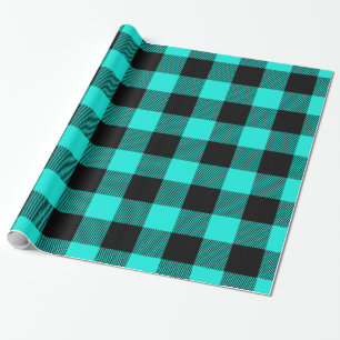 Brt Aqua Black Huge Buffalo Plaid Lumberj Tartan Wrapping Paper