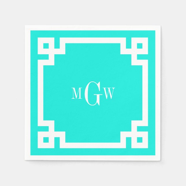 Brt Aqua Wht Greek Key #2 Framed 3 Init Monogram S Napkin (Front)