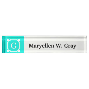 Brt Aqua Wht Greek Key #2 Framed Initial Monogram Nameplate