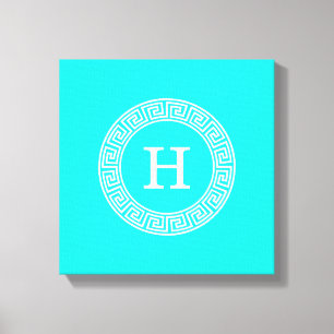 Brt Aqua Wht Greek Key Rnd Frame Initial Monogram Canvas Print