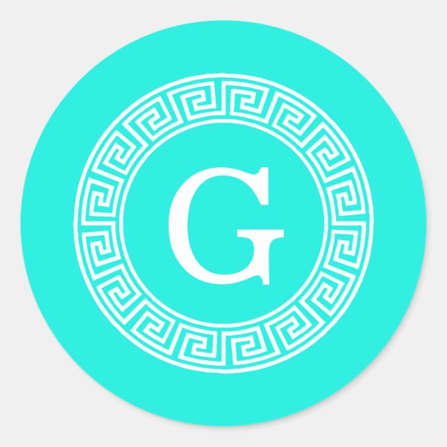 Brt Aqua Wht Greek Key Rnd Frame Initial Monogram Classic Round Sticker (Front)