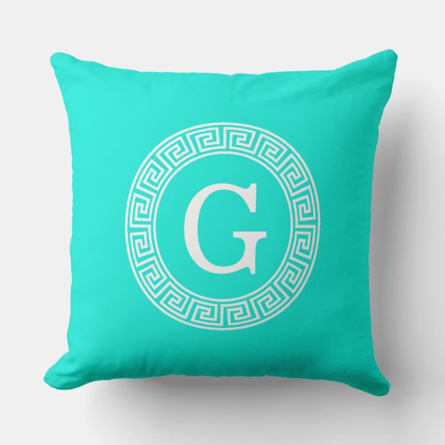 Brt Aqua Wht Greek Key Rnd Frame Initial Monogram Cushion (Front)
