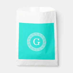 Brt Aqua Wht Greek Key Rnd Frame Initial Monogram Favour Bags