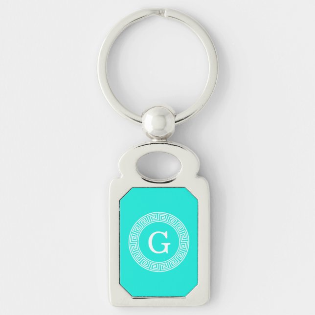 Brt Aqua Wht Greek Key Rnd Frame Initial Monogram Key Ring (Front)