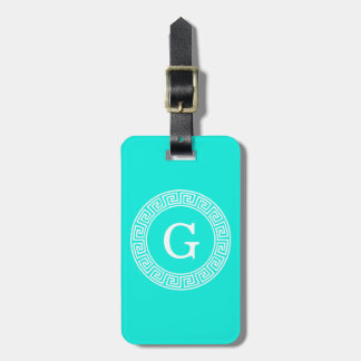 Brt Aqua Wht Greek Key Rnd Frame Initial Monogram Luggage Tag