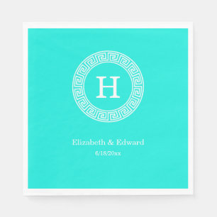 Brt Aqua Wht Greek Key Rnd Frame Initial Monogram Napkin