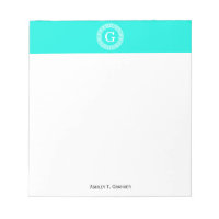 Brt Aqua Wht Greek Key Rnd Frame Initial Monogram