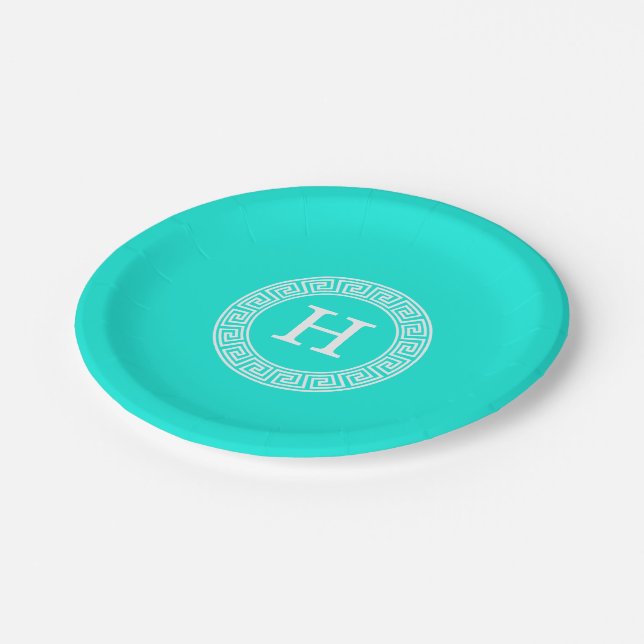 Brt Aqua Wht Greek Key Rnd Frame Initial Monogram Paper Plate (Angled)