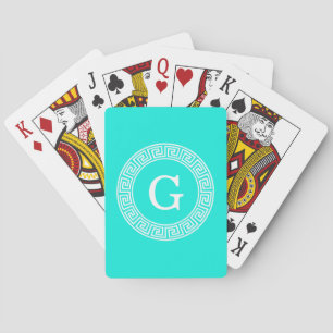 Brt Aqua Wht Greek Key Rnd Frame Initial Monogram Playing Cards