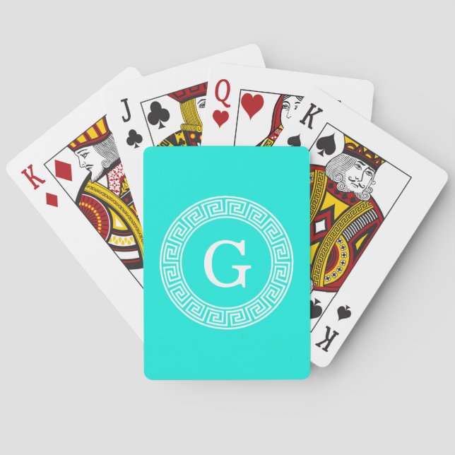 Brt Aqua Wht Greek Key Rnd Frame Initial Monogram Playing Cards (Back)