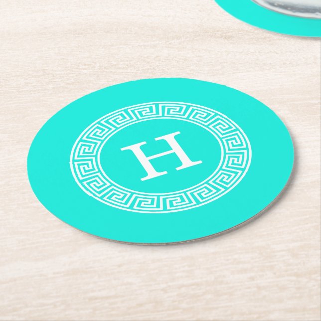 Brt Aqua Wht Greek Key Rnd Frame Initial Monogram Round Paper Coaster (Angled)
