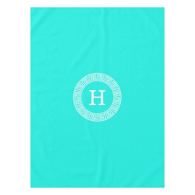 Brt Aqua Wht Greek Key Rnd Frame Initial Monogram Tablecloth (Front)