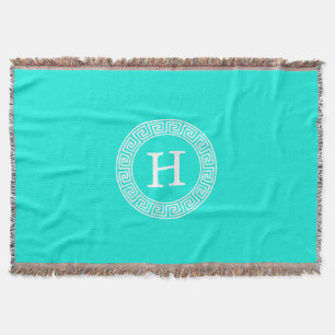 Brt Aqua Wht Greek Key Rnd Frame Initial Monogram Throw Blanket