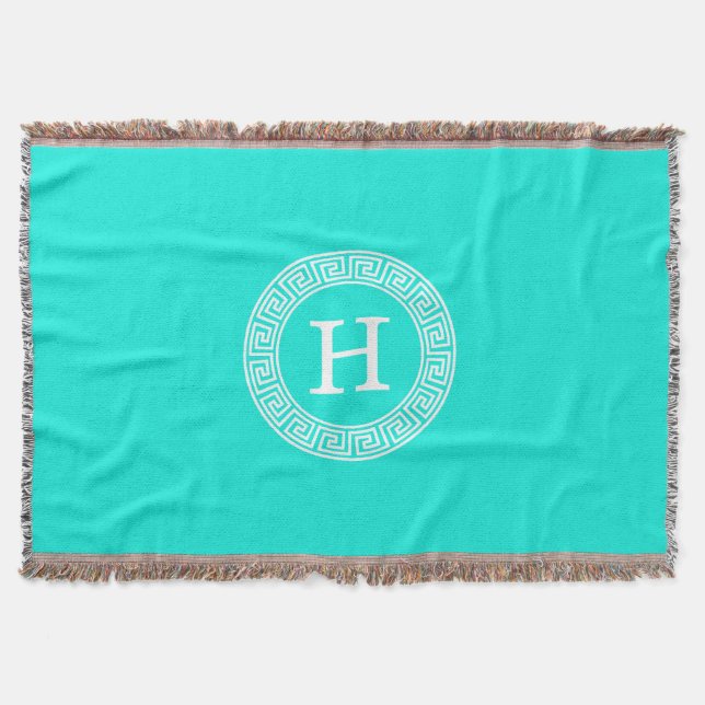 Brt Aqua Wht Greek Key Rnd Frame Initial Monogram Throw Blanket (Front)