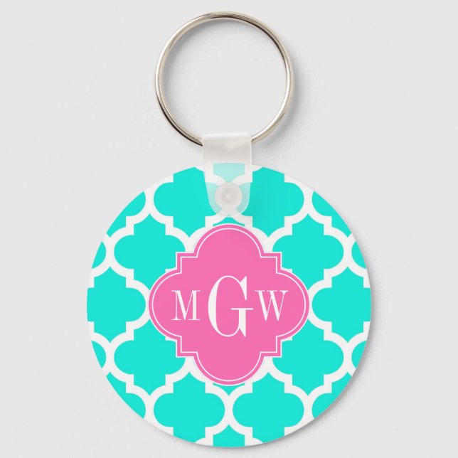Brt Aqua Wht Moroccan #5 HotPink2 Initial Monogram Key Ring (Front)