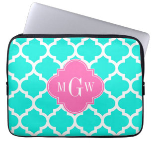 Brt Aqua Wht Moroccan #5 HotPink2 Initial Monogram Laptop Sleeve