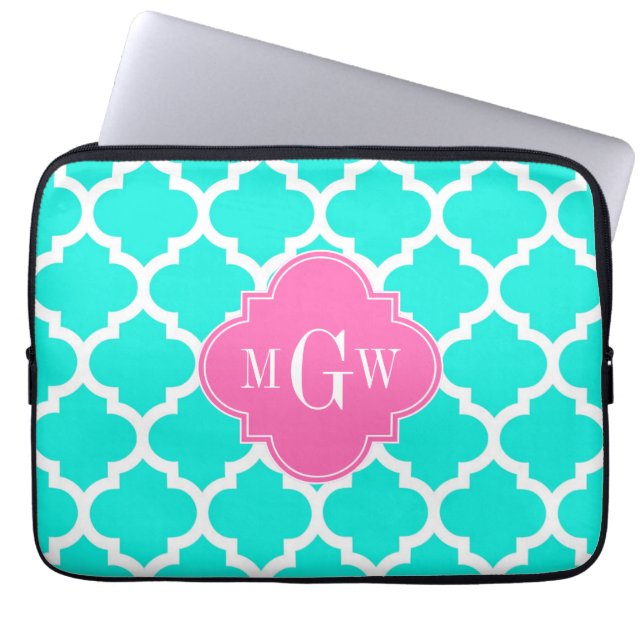 Brt Aqua Wht Moroccan #5 HotPink2 Initial Monogram Laptop Sleeve (Front)