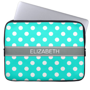 Brt Aqua Wht Polka Dots #2 Charcoal Grey Monogram Laptop Sleeve