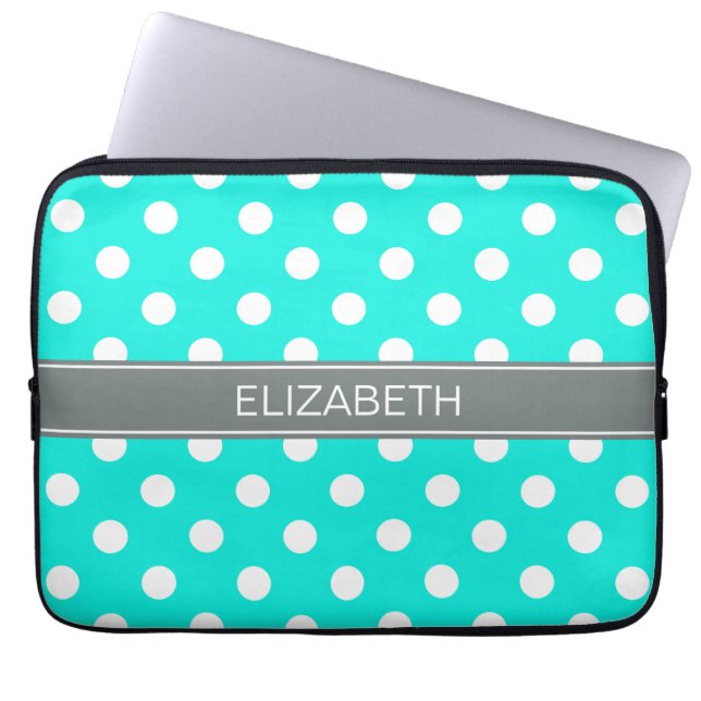 Brt Aqua Wht Polka Dots #2 Charcoal Grey Monogram Laptop Sleeve (Front)
