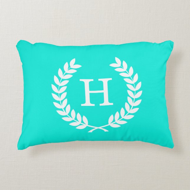 Brt Aqua Wht Wheat Laurel Wreath Initial Monogram Decorative Cushion (Front)