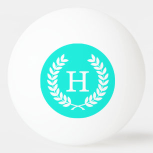 Brt Aqua Wht Wheat Laurel Wreath Initial Monogram Ping Pong Ball