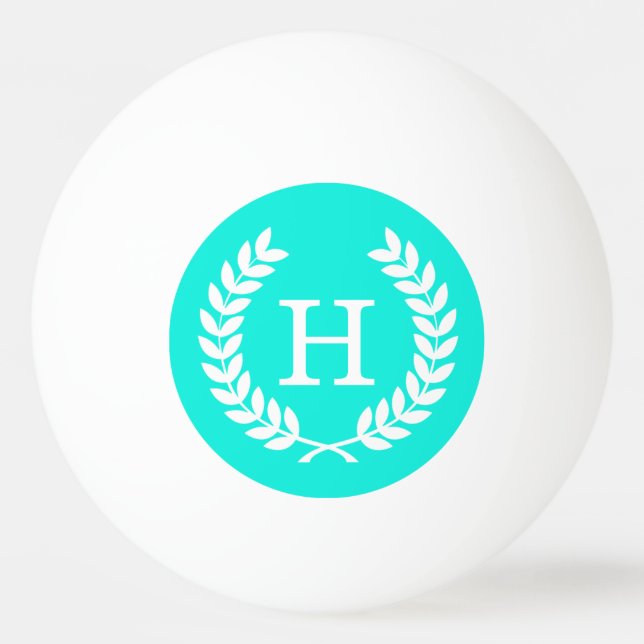 Brt Aqua Wht Wheat Laurel Wreath Initial Monogram Ping Pong Ball (Front)