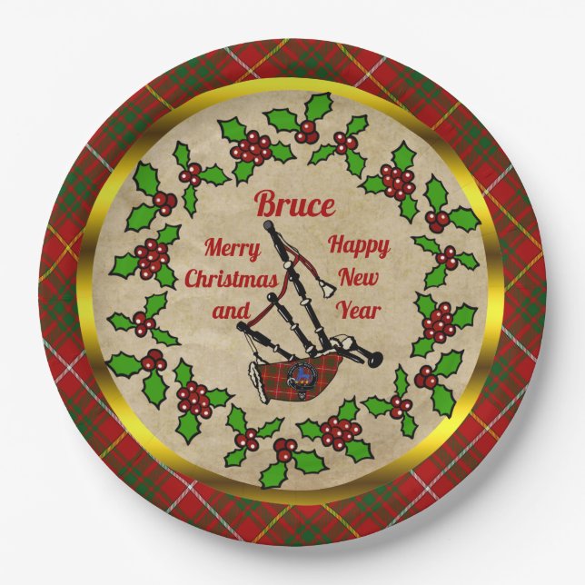 Bruce Tartan Bagpipe Holiday Paper Plate (Front)
