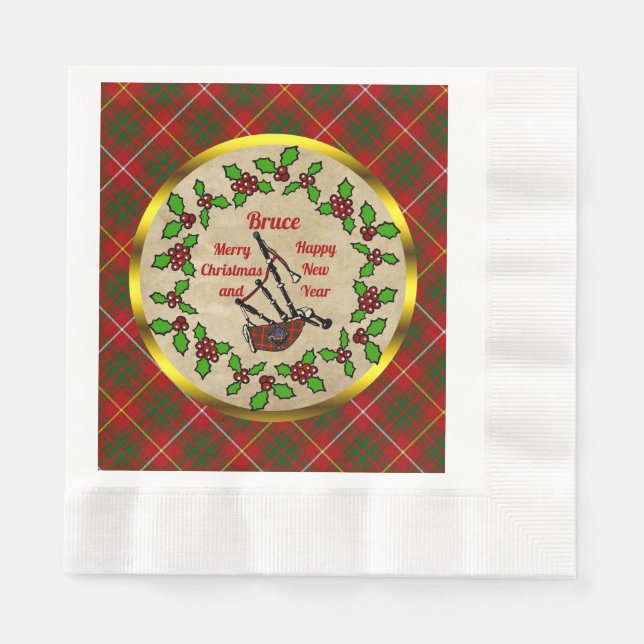 Bruce Tartan Bagpipes w/Holly Christmas Napkin (Front)