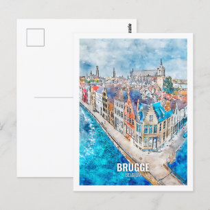 Brugee Belgium Famous Travel Place Watercolor Postcard