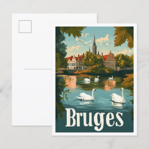 Bruges Belgium Art Vintage Travel Illustration Postcard