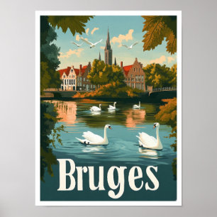 Bruges Belgium Art Vintage Travel Illustration Poster
