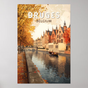 Bruges Belgium Illustration Travel Art Vintage Poster