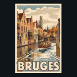 Bruges Belgium Illustration Travel Art Vintage Poster<br><div class="desc">Bruges retro vector travel design. Bruges,  known as the "Venice of the North, " is a picturesque mediaeval city in Belgium,  famous for its charming canals,  historic architecture,  and world-class chocolate.</div>