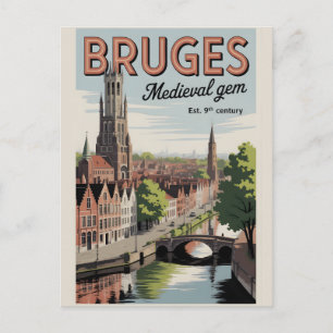 Bruges Belgium Retro Skyline Cityscape Travel  Postcard