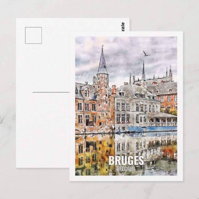Bruges Belgium Travel Place Watercolor Postcard (Front/Back)