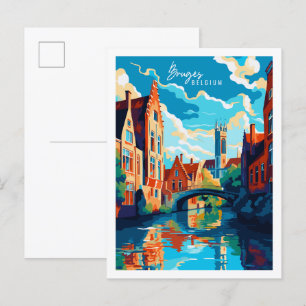 Bruges Belgium vintage travel illustration Postcard