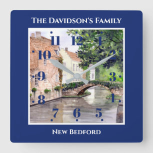 Bruges Belgium Watercolor Blue Square Frame Wall Clock