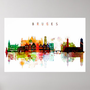 Bruges Belgium Watercolor Skyline Poster