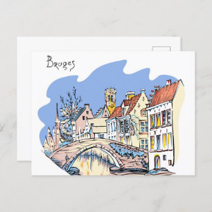Bruges Canal Belgium Illustration Travel Postcard