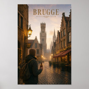 Bruges Cobblestone Twilight Escape Poster
