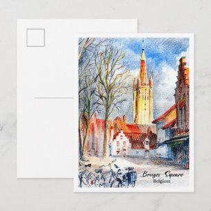 Bruges Square Belgium Colored Pencils Postcard