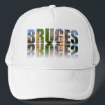 Bruges text photo composition trucker hat<br><div class="desc">Bruges text composed of photo of historic city center isolated with text reflection in water.</div>