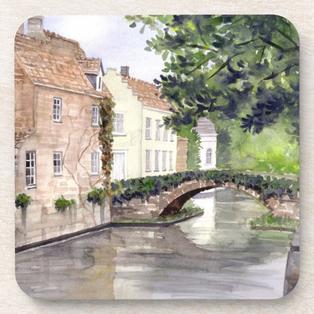 Bruges Watercolor Painting by Farida Greenfield Coaster (Front)