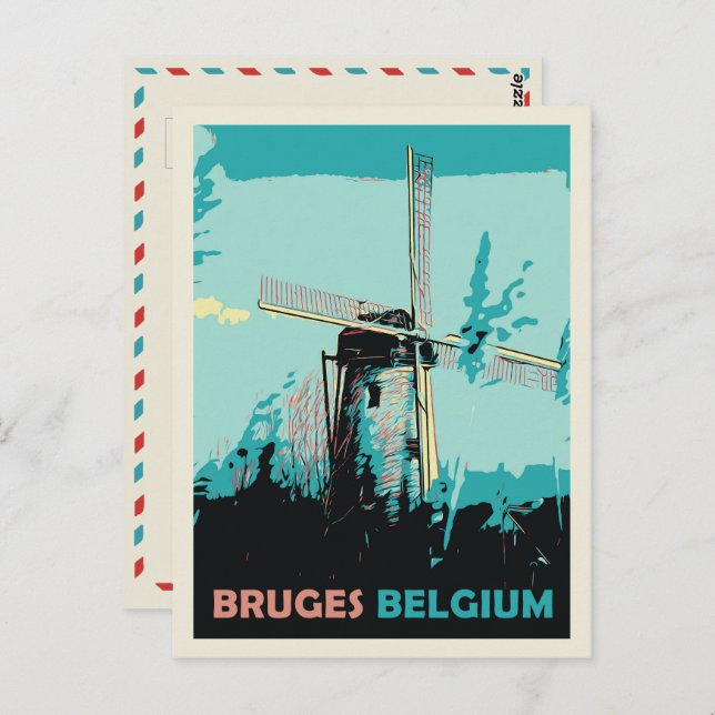 Bruges windmill illustration Belgium Postcard (Front/Back)