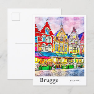 Brugge Belgium Travel Watercolor Hand Drawn Postcard