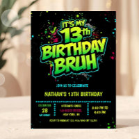 Bruh 13th Birthday Boy Neon Modern Invitation