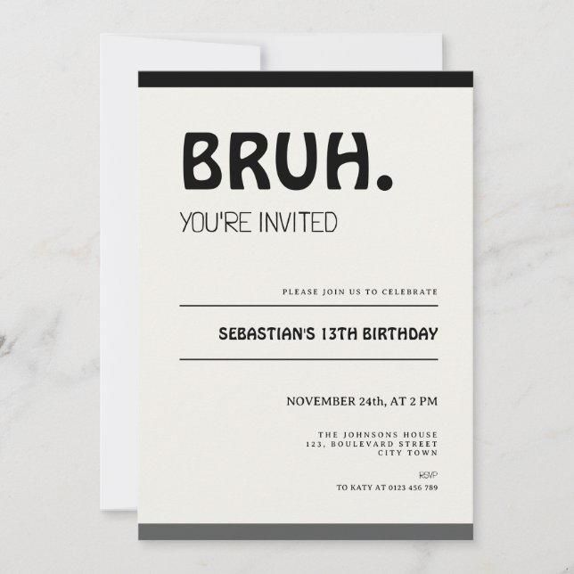 Bruh 13th Birthday Invitation Teens Boy Party (Front)