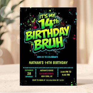 Bruh 14th Birthday Boy Neon Modern Invitation